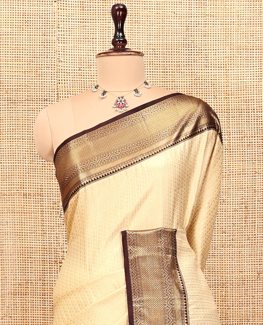 Off-White-Coffee Brown Budget Silk Saree Features Zari Designs, Contrast Border, Pallu, and Contrast Blouse
