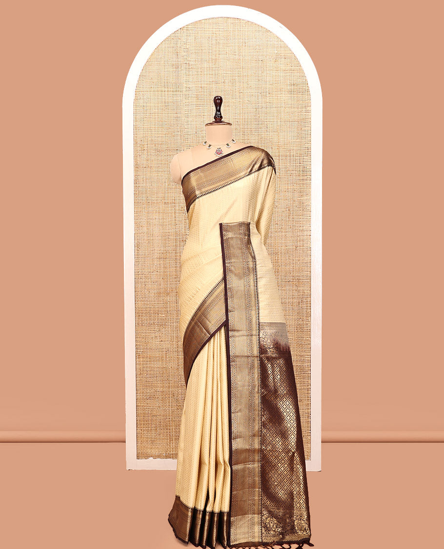 Off-White-Coffee Brown Budget Silk Saree Features Zari Designs, Contrast Border, Pallu, and Contrast Blouse