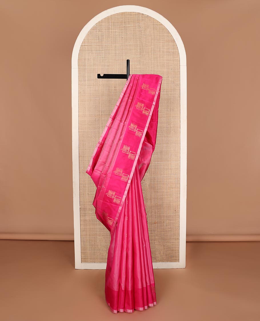 Pink zari buttas Kanchipuram silk saree, contrast geometric patterned border, and floral design pallu