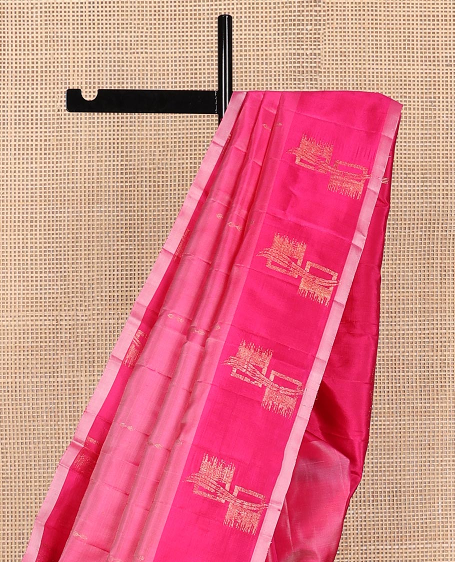 Pink zari buttas Kanchipuram silk saree, contrast geometric patterned border, and floral design pallu
