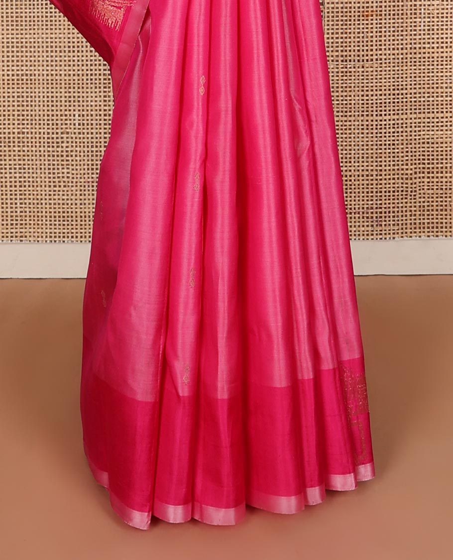 Pink zari buttas Kanchipuram silk saree, contrast geometric patterned border, and floral design pallu
