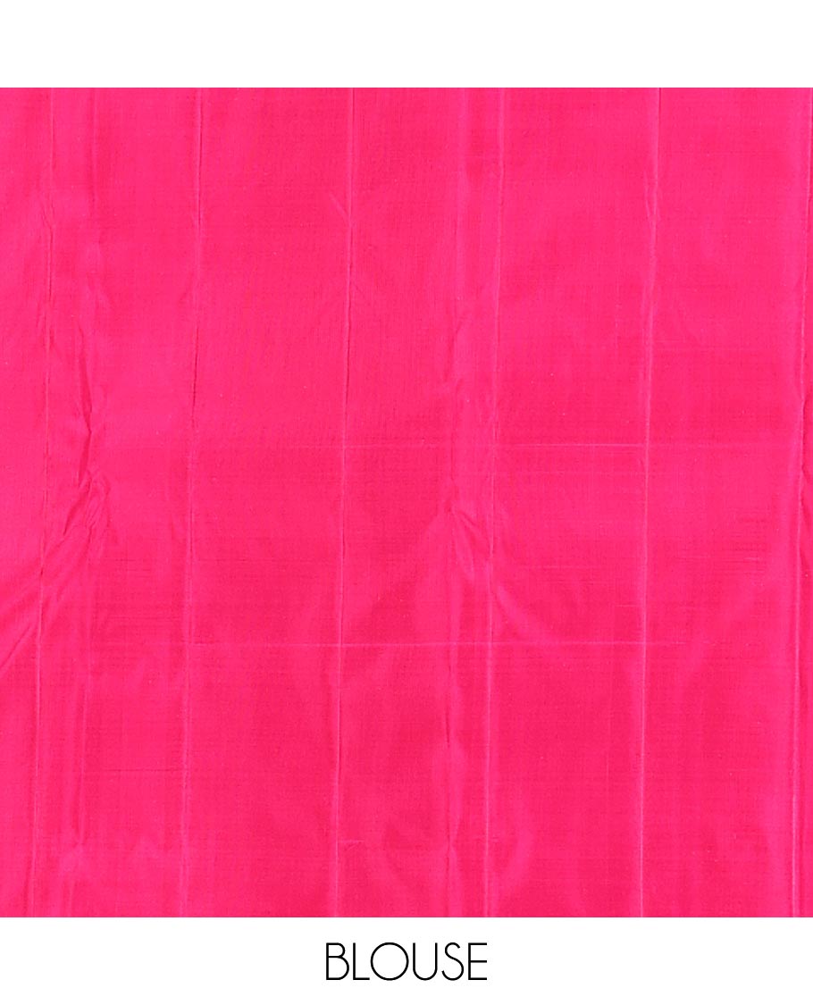 Pink zari buttas Kanchipuram silk saree, contrast geometric patterned border, and floral design pallu