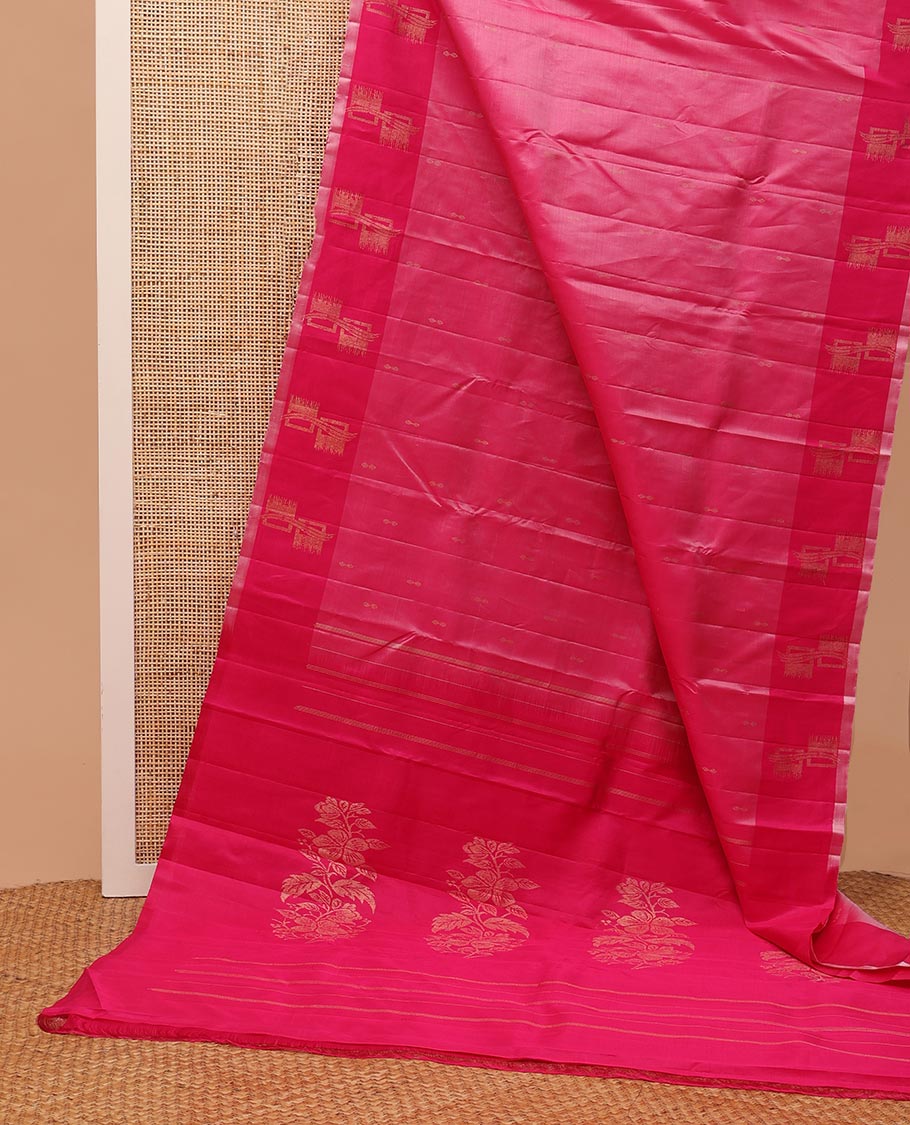 Pink zari buttas Kanchipuram silk saree, contrast geometric patterned border, and floral design pallu