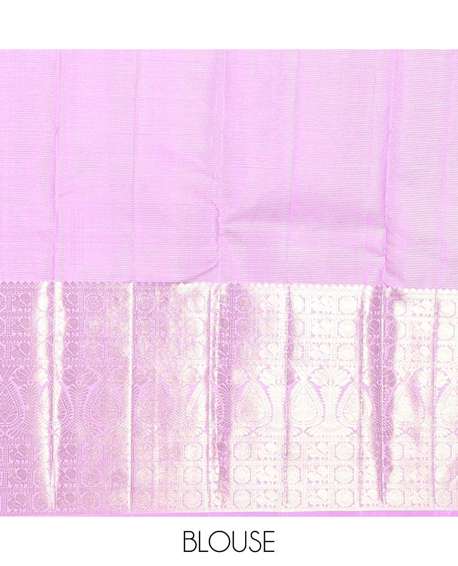 Pink zari design Kanchipuram silk saree, zari border of thilakam mokku, and annam chakram designs, and jaal pallu