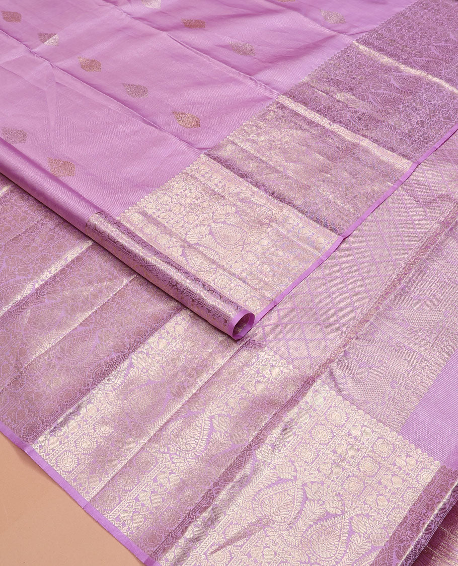 Pink zari design Kanchipuram silk saree, zari border of thilakam mokku, and annam chakram designs, and jaal pallu