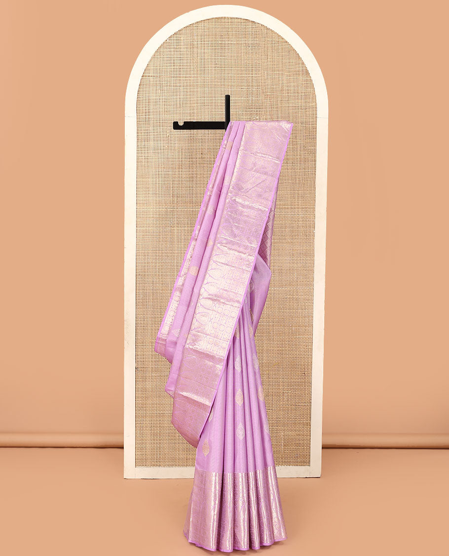Pink zari design Kanchipuram silk saree, zari border of thilakam mokku, and annam chakram designs, and jaal pallu