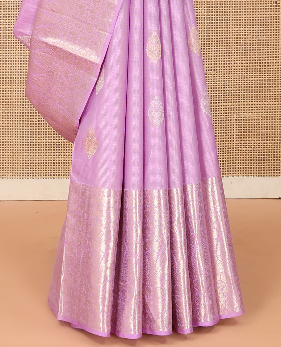 Pink zari design Kanchipuram silk saree, zari border of thilakam mokku, and annam chakram designs, and jaal pallu