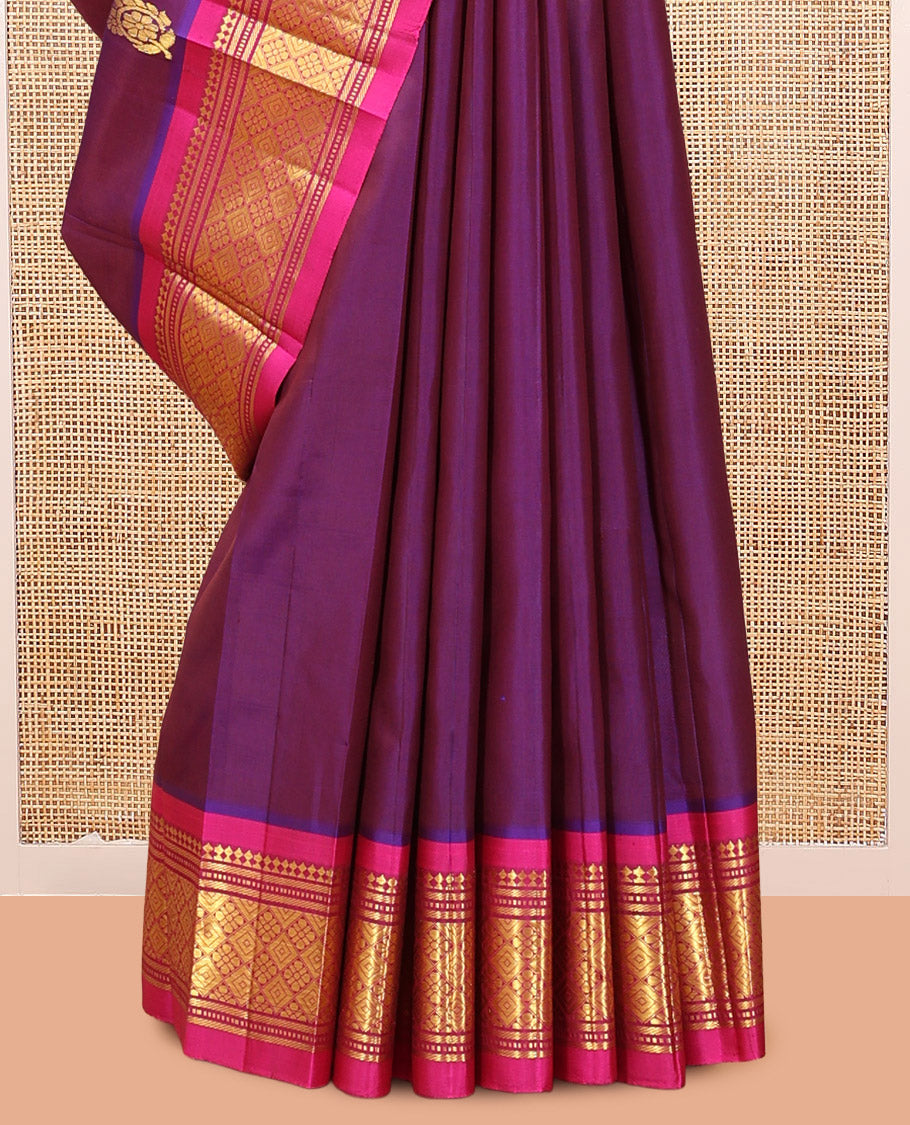 Purple Kanchipuram Silk Saree, Woven with Zari Buttas, Complemented by a Contrast Border of Panner Sombu, Banaras, Muthu, and Jaal Design, Floral Design Pallu, and No Blouse