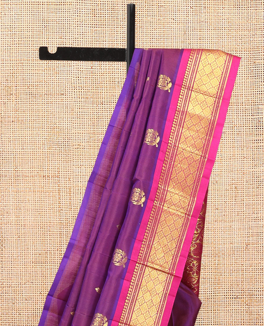 Purple Kanchipuram Silk Saree, Woven with Zari Buttas, Complemented by a Contrast Border of Panner Sombu, Banaras, Muthu, and Jaal Design, Floral Design Pallu, and No Blouse