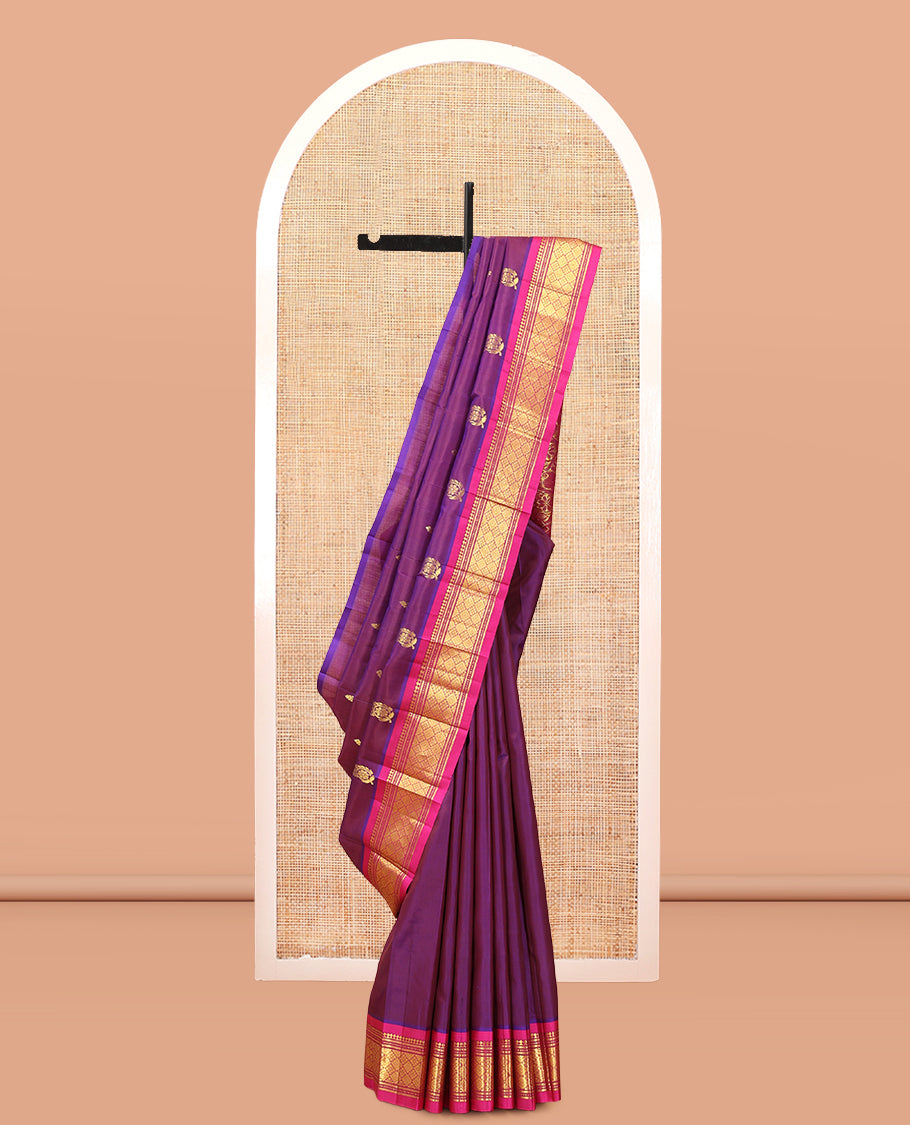Purple Kanchipuram Silk Saree, Woven with Zari Buttas, Complemented by a Contrast Border of Panner Sombu, Banaras, Muthu, and Jaal Design, Floral Design Pallu, and No Blouse