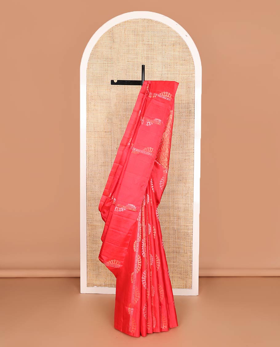 Borderless red zari striped soft silk saree, zari woven pallu of intricate designs