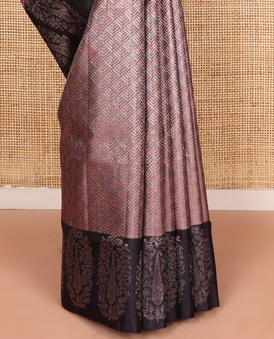 Brown jacquard soft silk saree, contrast floral-paisley design border, and contrast scallop design pallu