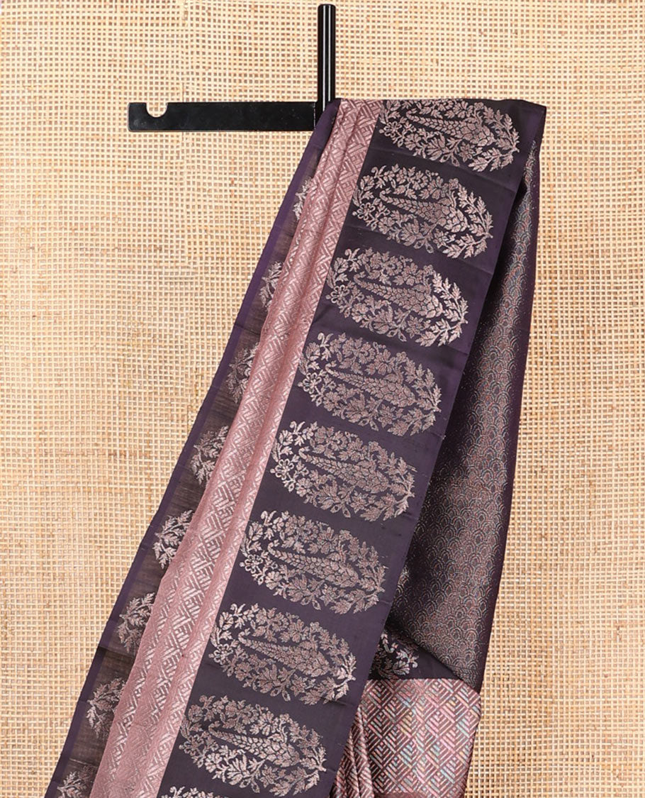 Brown jacquard soft silk saree, contrast floral-paisley design border, and contrast scallop design pallu