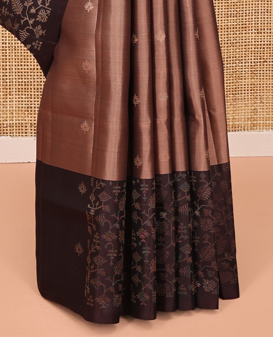 Light Brown Mayuri Lite Silk Mix Saree, Woven with Zari Buttas on Its Body, Complemented by a Contrast Border, a Contrast Pallu of Intricate Designs, and Paired with a Contrast Blouse