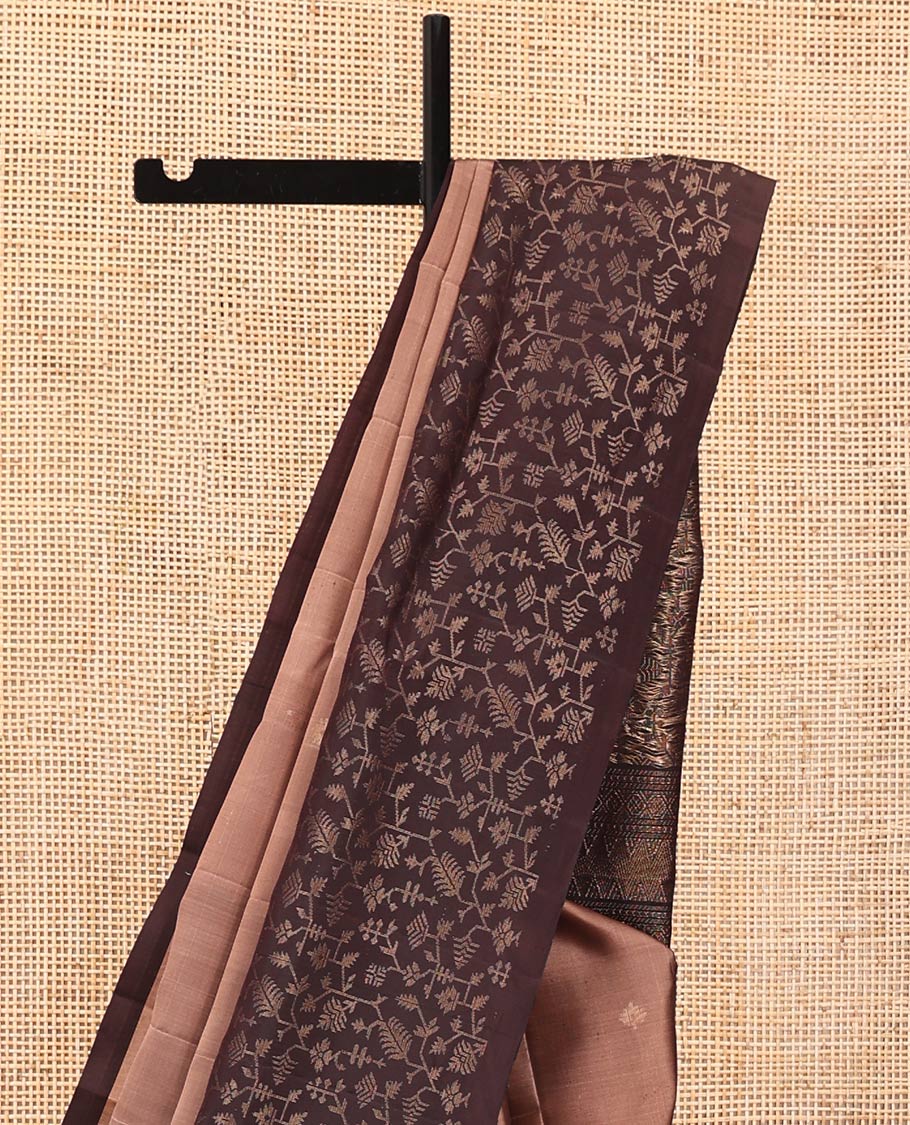 Light Brown Mayuri Lite Silk Mix Saree, Woven with Zari Buttas on Its Body, Complemented by a Contrast Border, a Contrast Pallu of Intricate Designs, and Paired with a Contrast Blouse