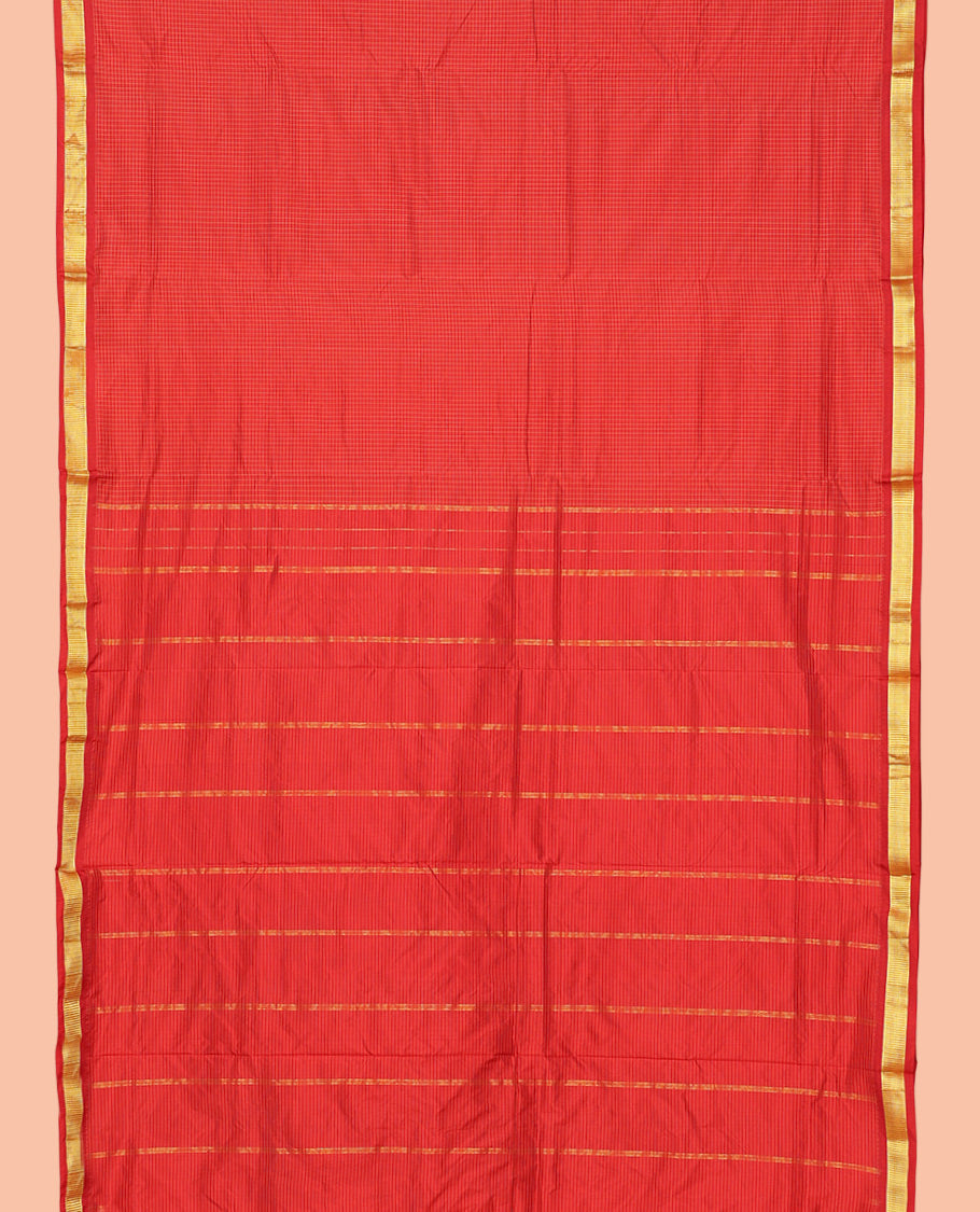 Red Checked Ten Yard Saree, a Subtle Zari Border, Pallu of Stripes, and No Blouse