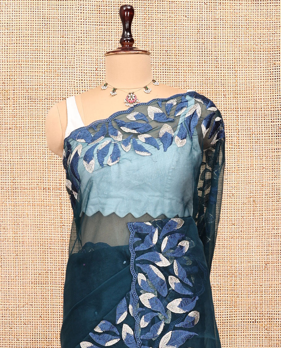 Blue Plain Organza Saree, a Scalloped Leaf-Motif Thread Embroidery Border, Pallu, and a Matching Embroidered Blouse