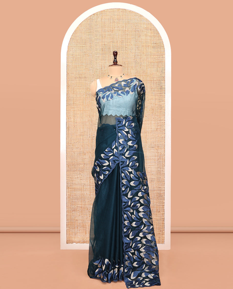 Blue Plain Organza Saree, a Scalloped Leaf-Motif Thread Embroidery Border, Pallu, and a Matching Embroidered Blouse