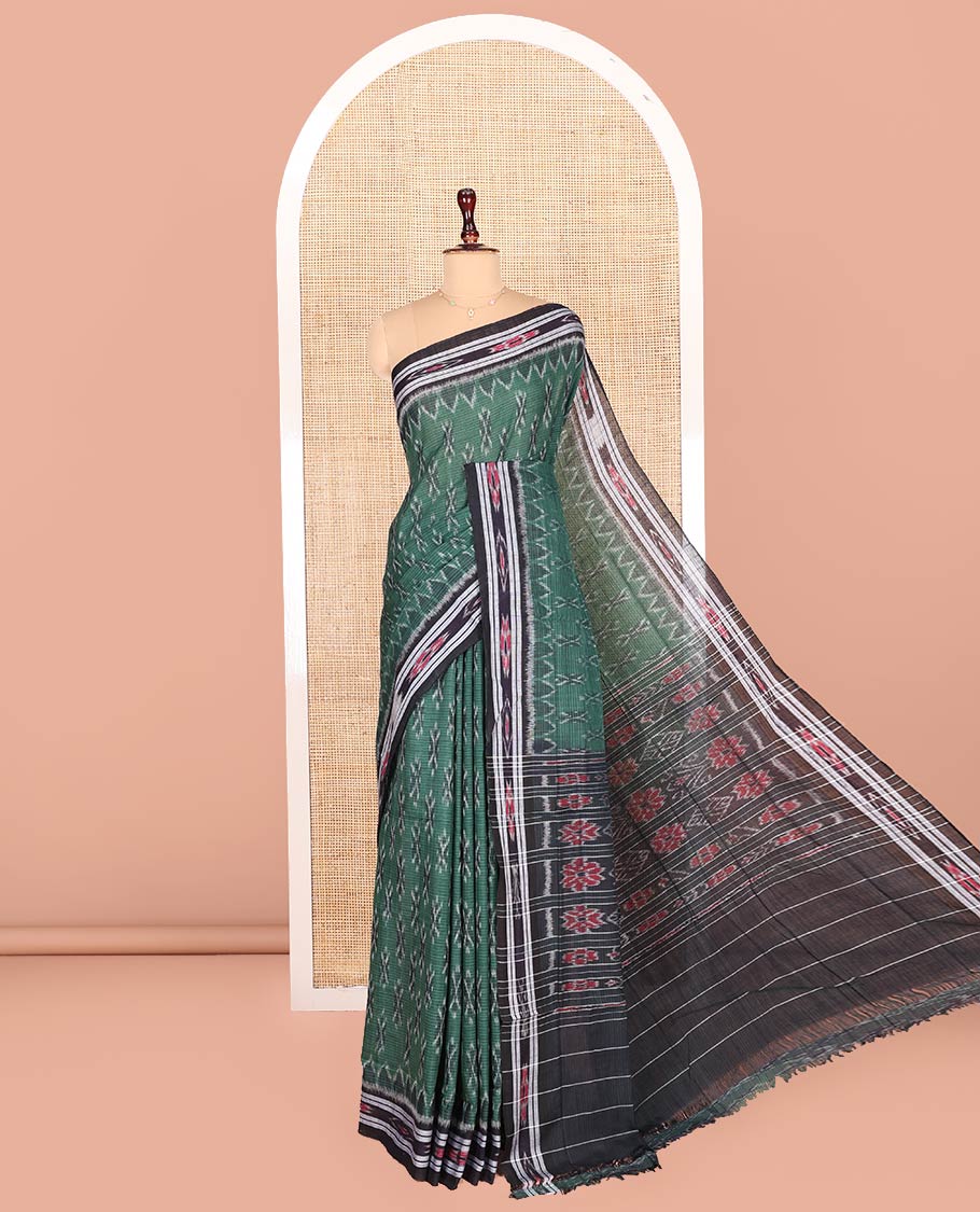 Green Odisha Cotton Saree Showcasing Buttas All Over the Body, Complemented by a Contrast Temple Border of Geometric Patterns, Pallu Depicts Floral Motifs in a Hazily Weave, and Has No Blouse