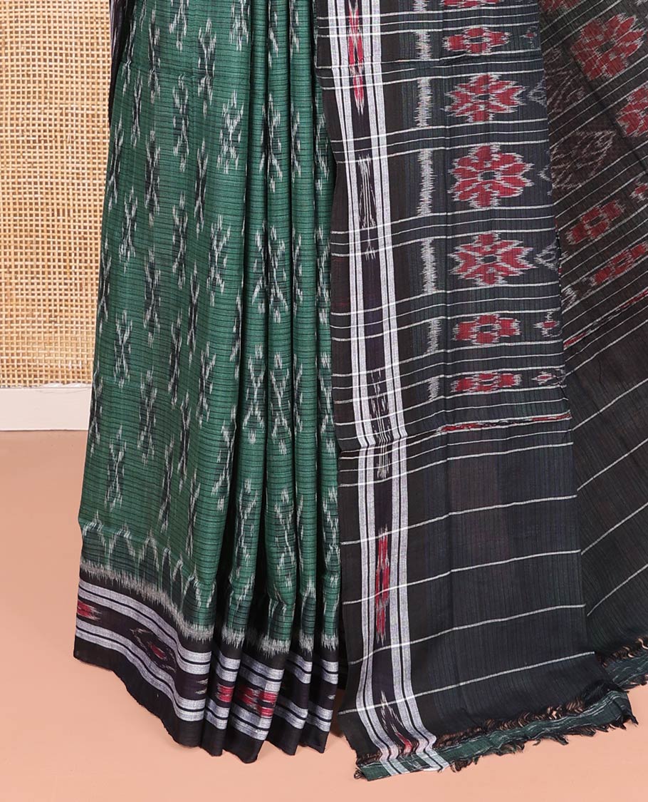 Green Odisha Cotton Saree Showcasing Buttas All Over the Body, Complemented by a Contrast Temple Border of Geometric Patterns, Pallu Depicts Floral Motifs in a Hazily Weave, and Has No Blouse