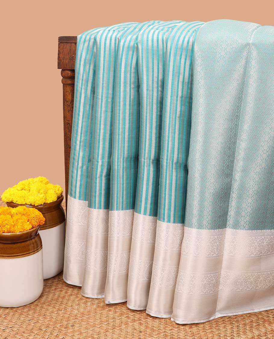 Rama green vertical design banaras kora tissue saree with contrast gold zari jacquard border weaving rich pallu along with brocade blouse