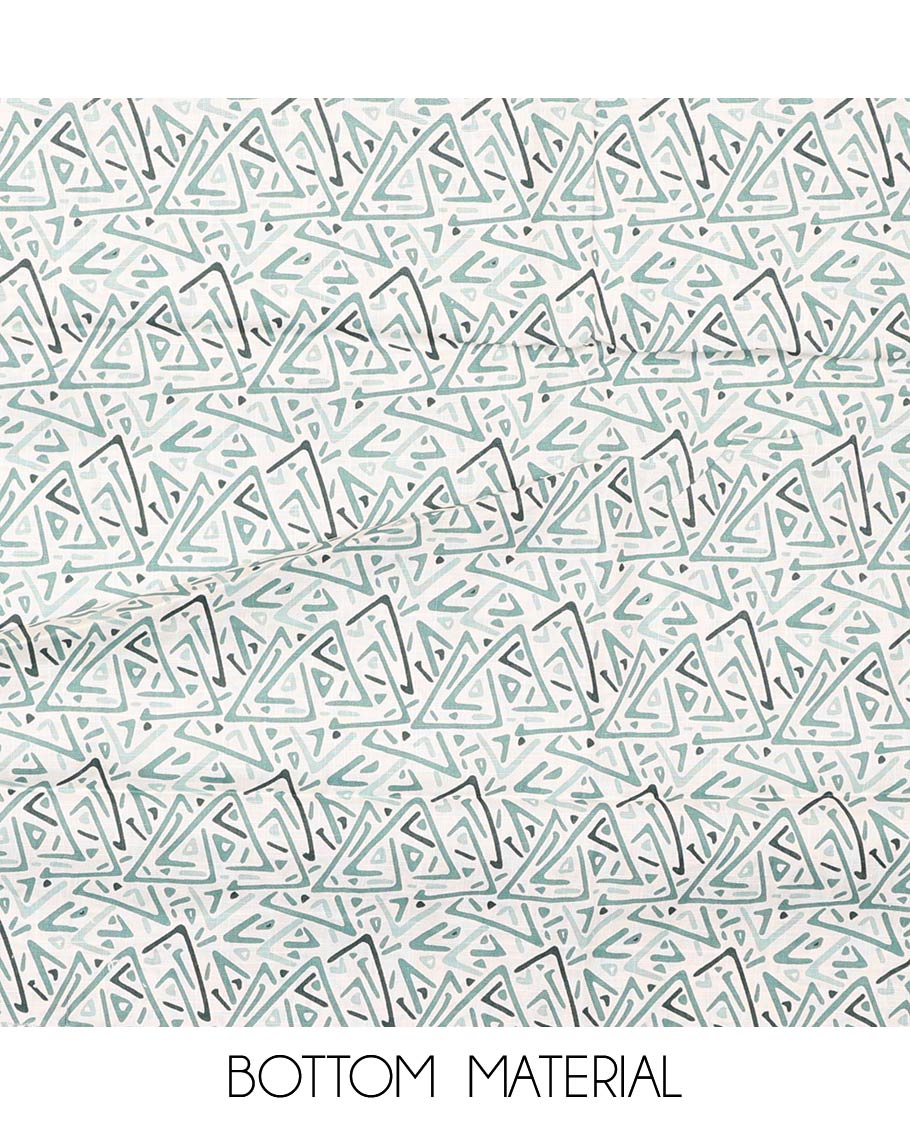 Green material churidar set, floral print with button stitched cotton top, contrast geometric printed cotton bottom, and striped chanderi dupatta of sequins stripes