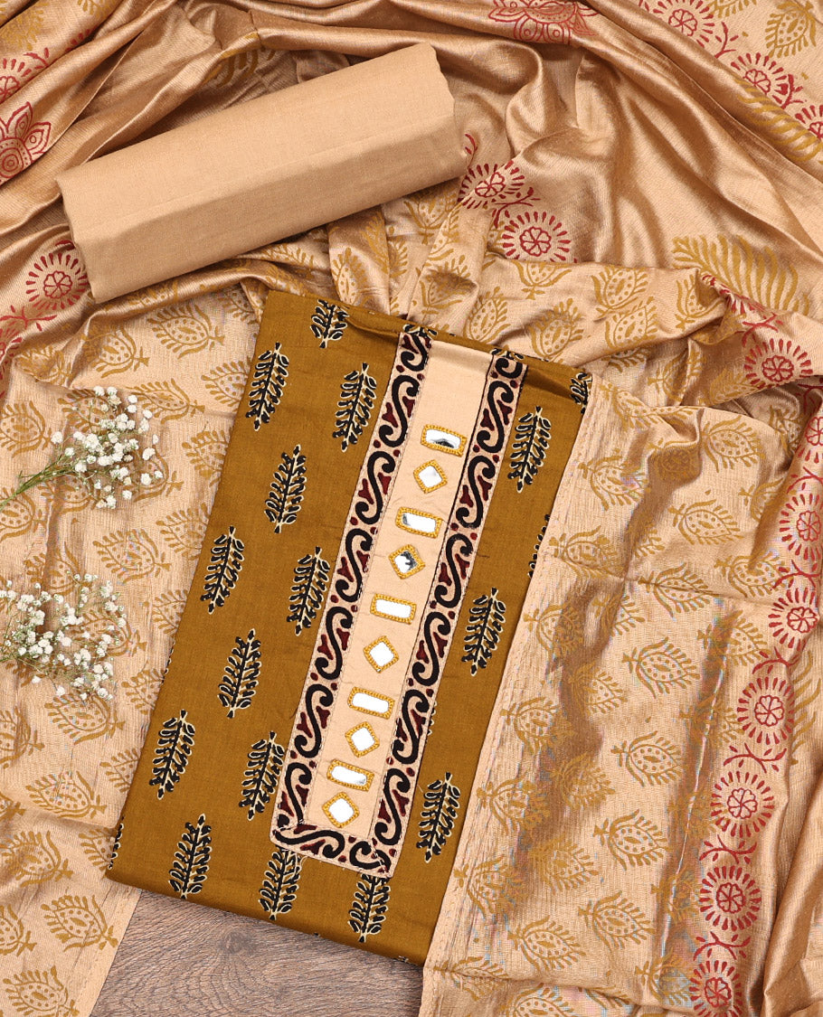 Mustard Cotton Material Chudidar Set, Ornamented with Unique Motifs Block Printed on Its Cotton Top, a Plain Cotton Bottom, and Paired with an Intricately Block Printed Cotton Dupatta