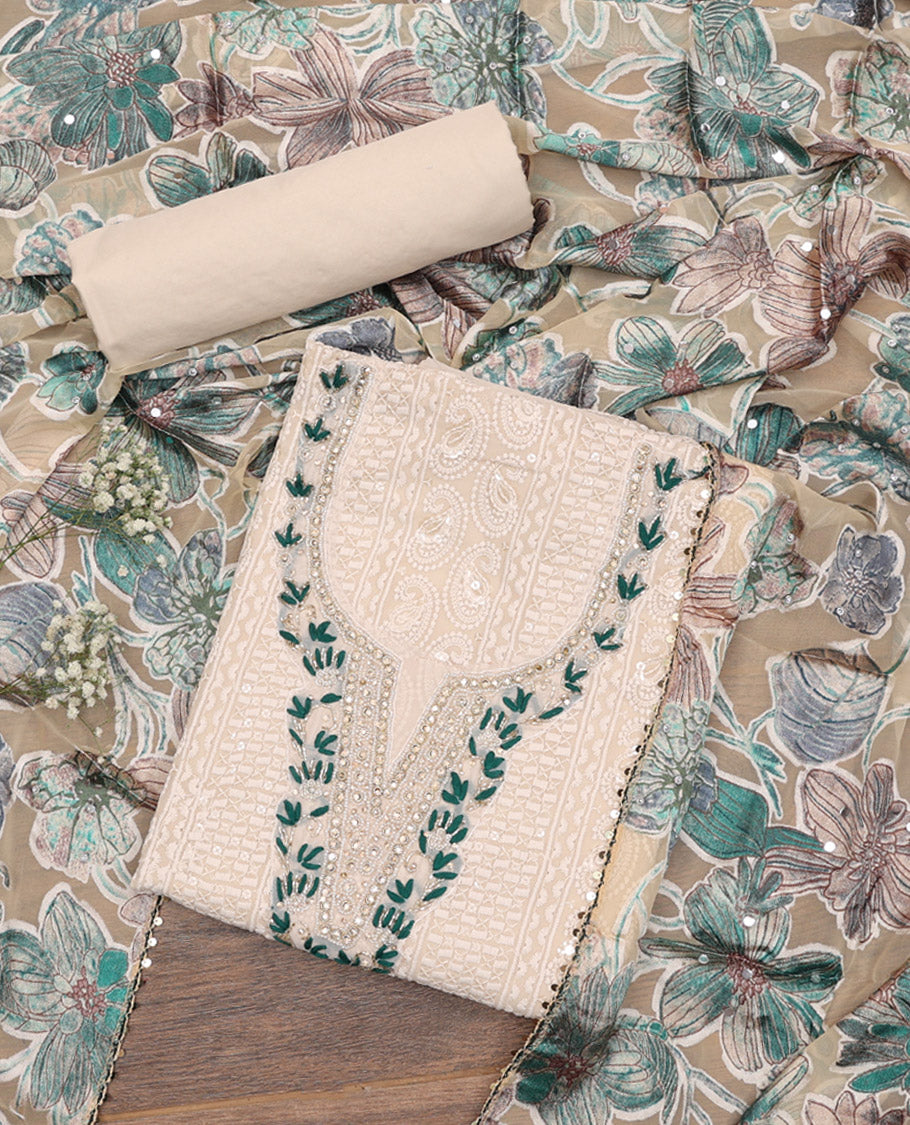 Sandal and Green Material Chudidar Set, Mesmerized with Chikankari-Style Thread and Sequins Embroidered and Neck Work on Georgette Top, a Plain Santoon Bottom, and Paired with a Floral Printed Georgette Dupatta