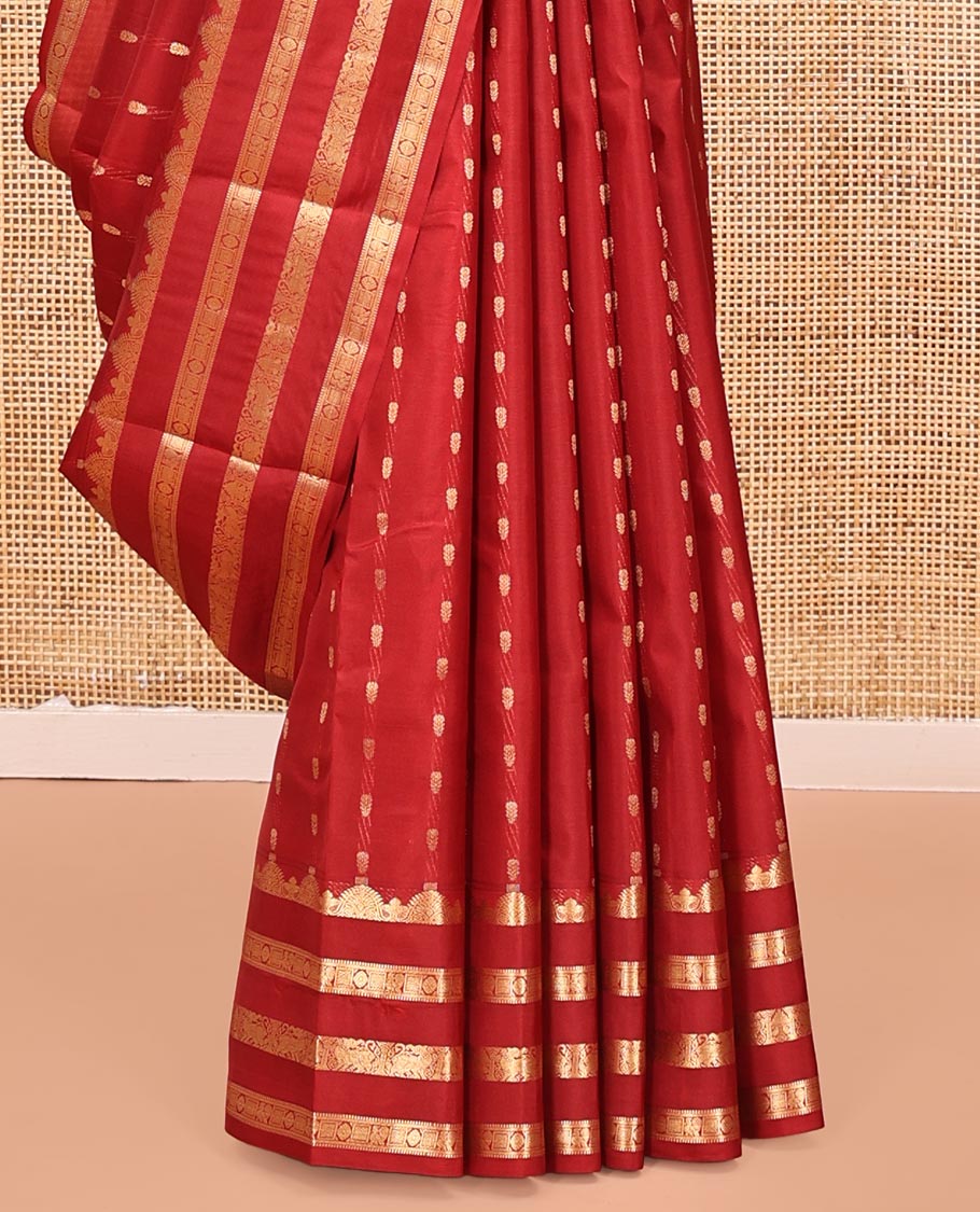 Rust Vasundhara Silk Mix Saree, Beautified with Zari Buttas All Over Its Body, Highlighted by Varisai Pettu Border of Mayil, Laddu Kamalam, and Yaali Designs, Grand Pallu and Paired with a Matching Blouse