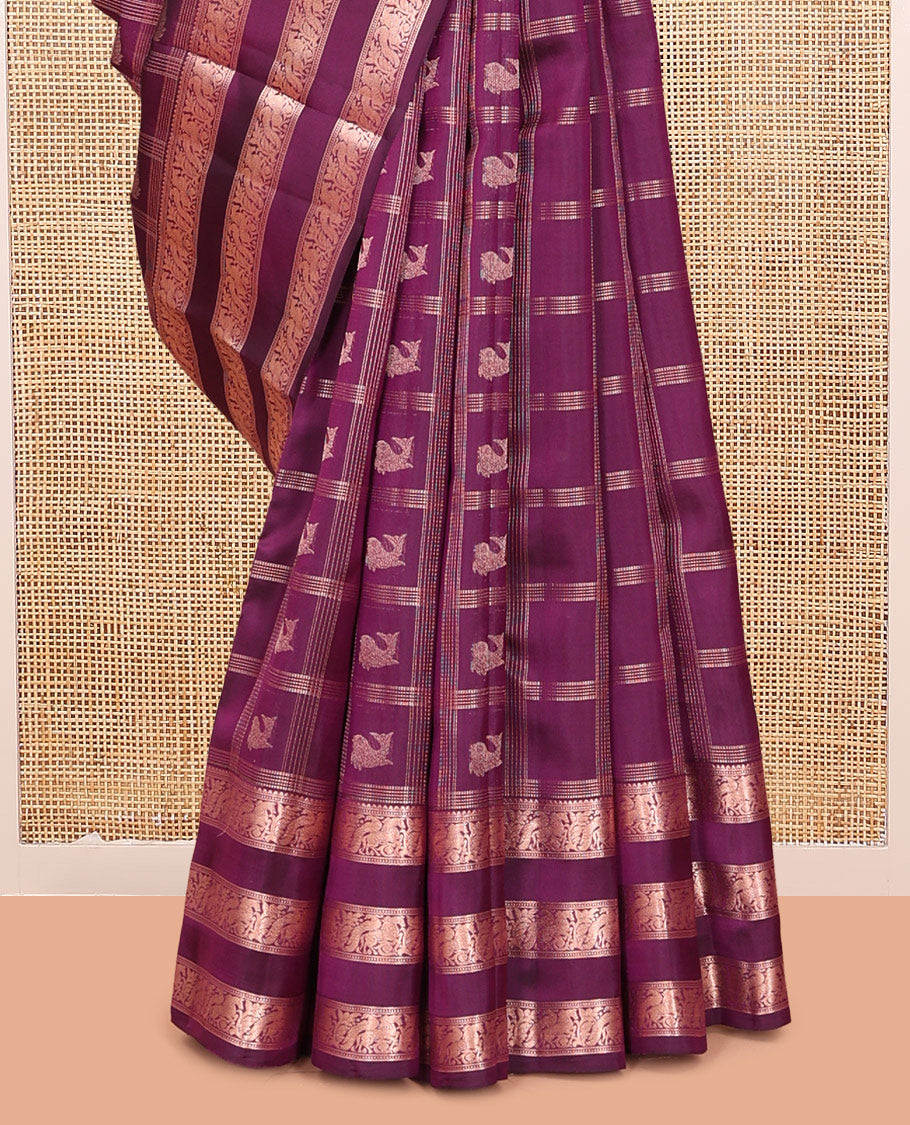 Purple Vasundhara Lite Silk Mix Saree, Impeccably Styled with Zari Butta Enclosed Checks, a Zari Border of Muthu, Mayil, and Kuthirai Designs, Grand Pallu, and a Matching Blouse