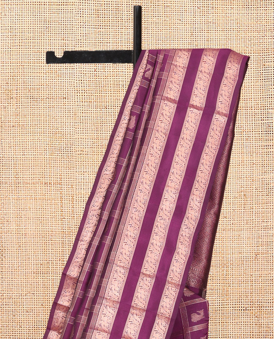 Purple Vasundhara Lite Silk Mix Saree, Impeccably Styled with Zari Butta Enclosed Checks, a Zari Border of Muthu, Mayil, and Kuthirai Designs, Grand Pallu, and a Matching Blouse