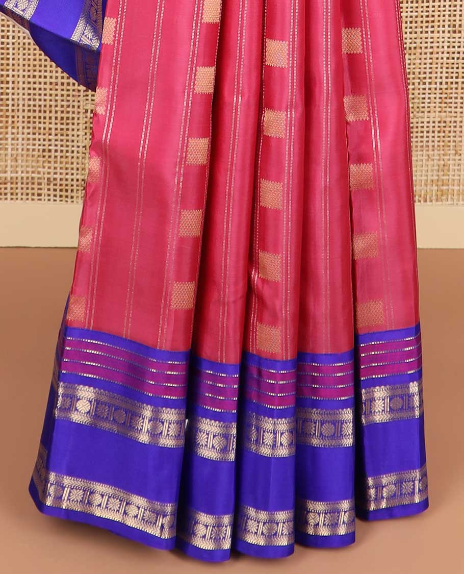 Pink geometric design silk saree with contrast border of muthu, kathir, paun design & geometric design pallu