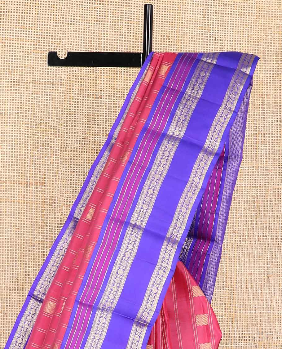 Pink geometric design silk saree with contrast border of muthu, kathir, paun design & geometric design pallu