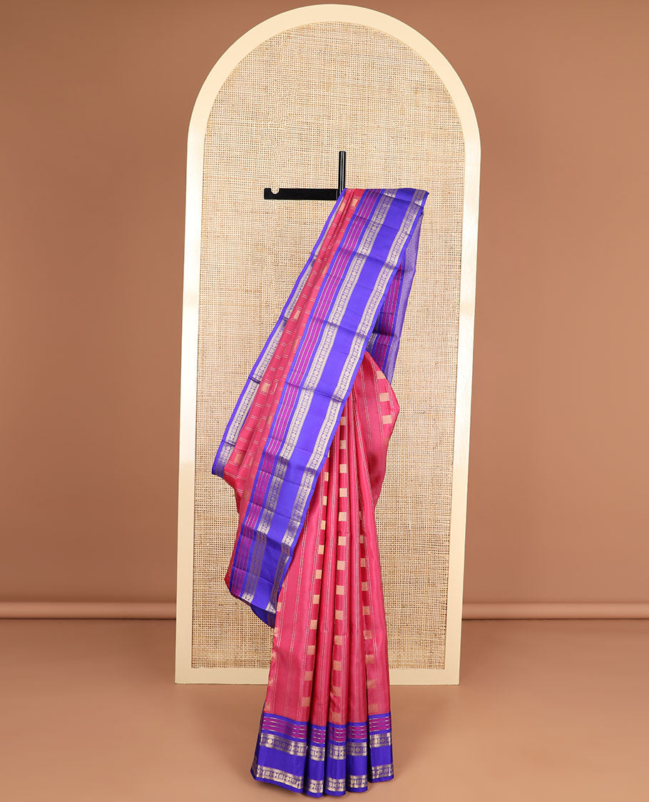 Pink geometric design silk saree with contrast border of muthu, kathir, paun design & geometric design pallu