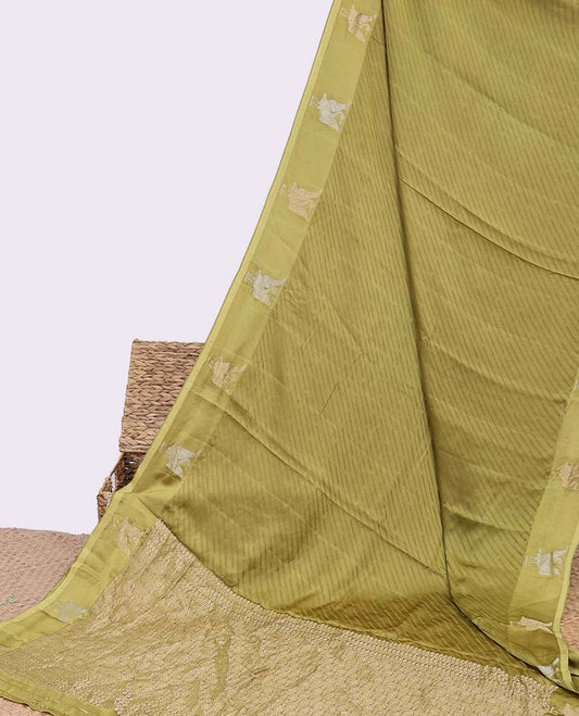 Green striped Mushru silk saree, bird design border & pallu of intricate designs