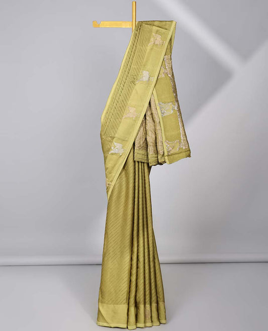 Green striped Mushru silk saree, bird design border & pallu of intricate designs