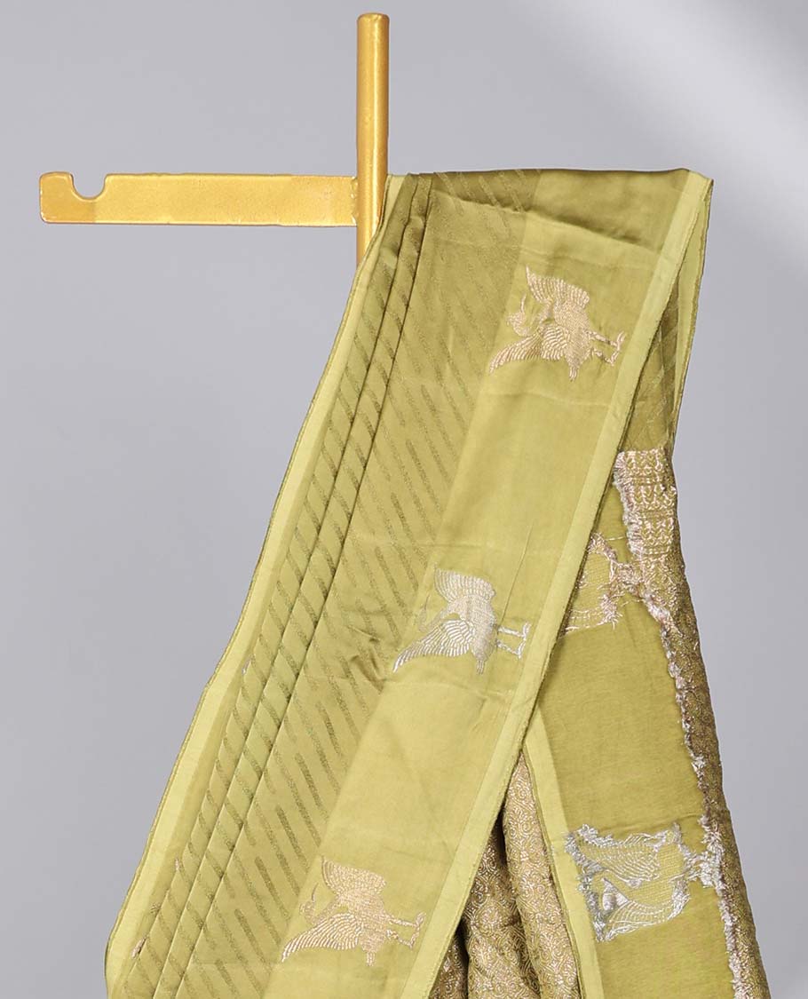Green striped Mushru silk saree, bird design border & pallu of intricate designs