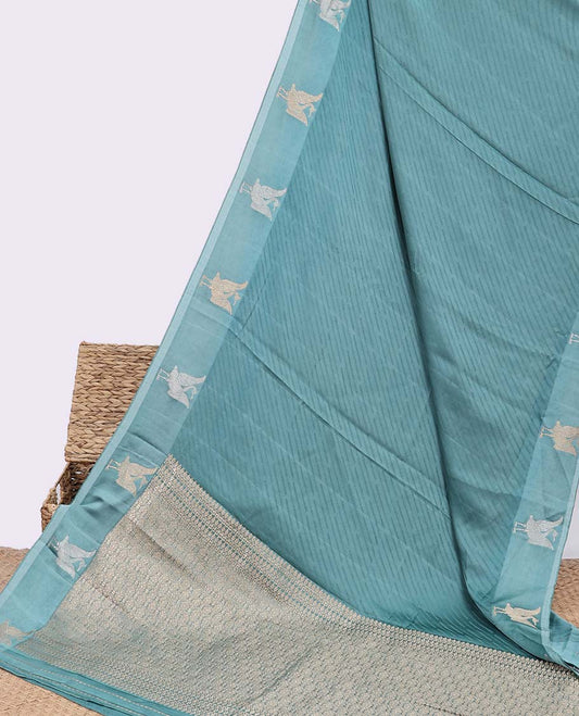 Blue striped Mushru silk saree, bird design border & pallu of intricate designs