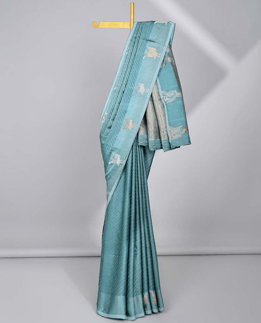 Blue striped Mushru silk saree, bird design border & pallu of intricate designs