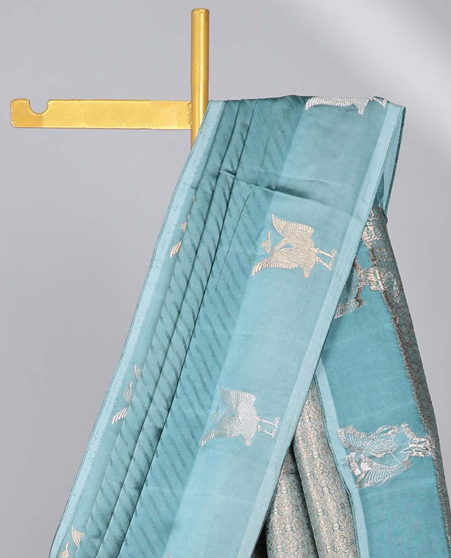 Blue striped Mushru silk saree, bird design border & pallu of intricate designs