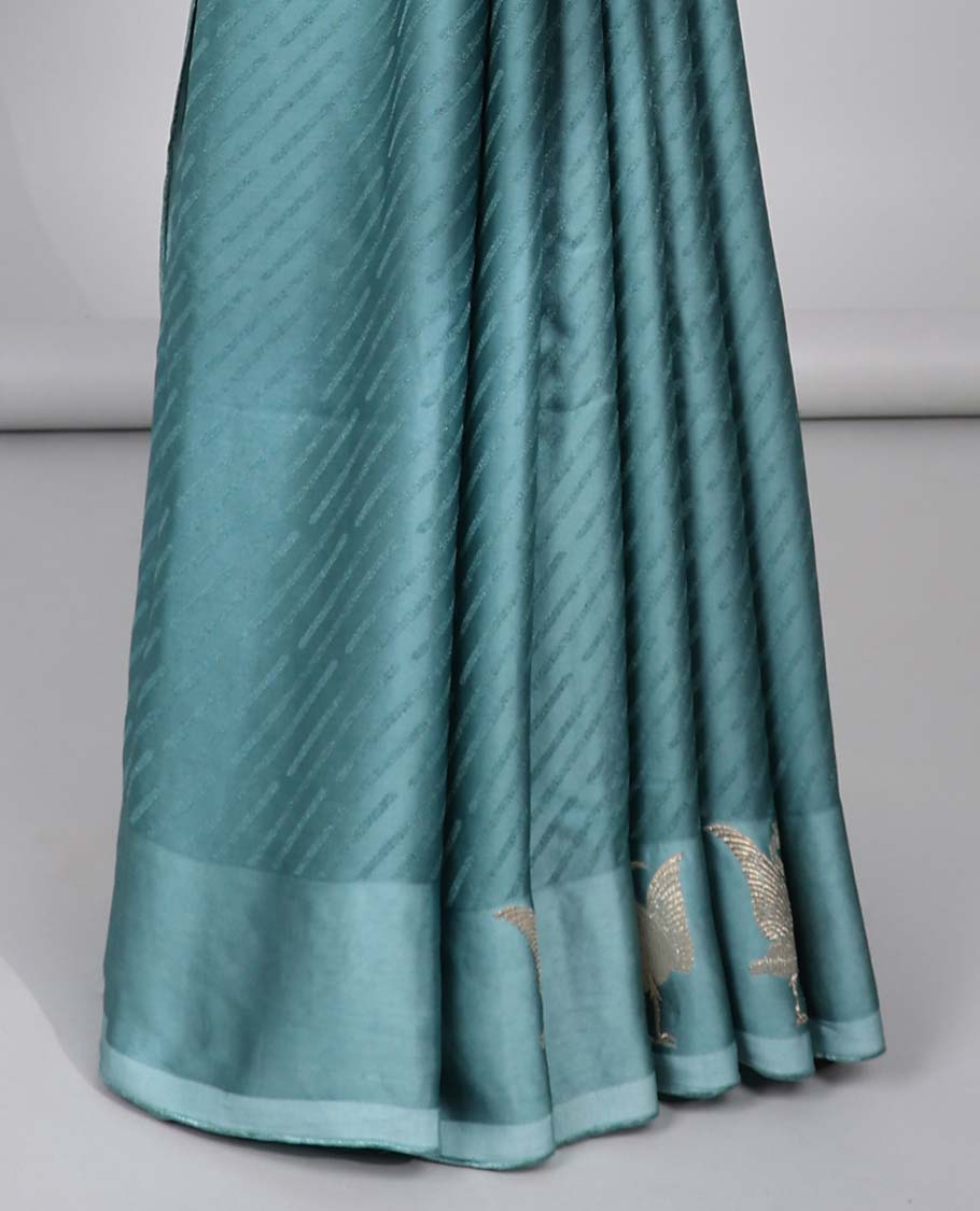 Blue striped Mushru silk saree, bird design border & pallu of intricate designs