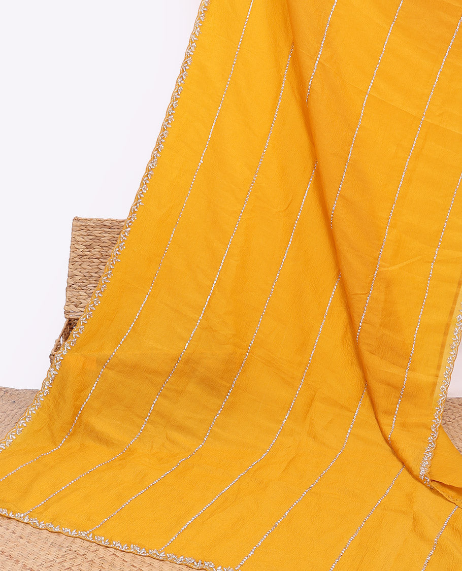 Orange zig-zag stripes embroidered designer saree, scallop stone embroidered border