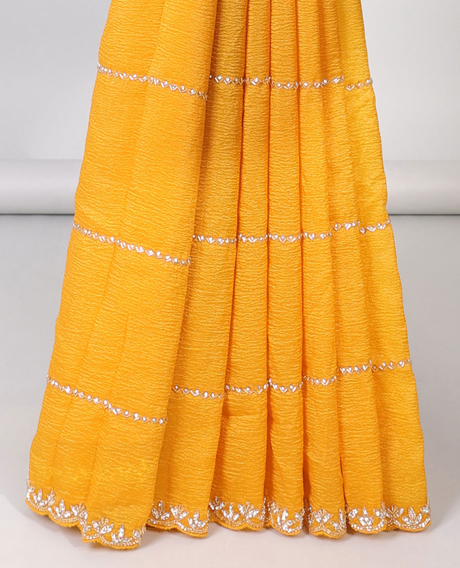 Orange zig-zag stripes embroidered designer saree, scallop stone embroidered border