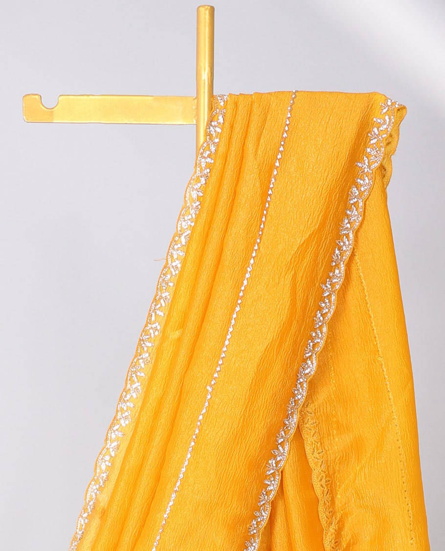 Orange zig-zag stripes embroidered designer saree, scallop stone embroidered border