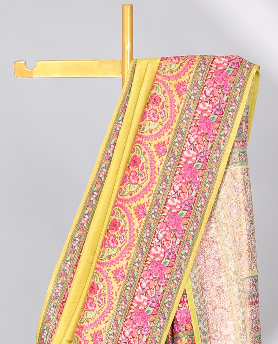 Green floral design dola silksaree, contrast floral border & meenakari floral pallu