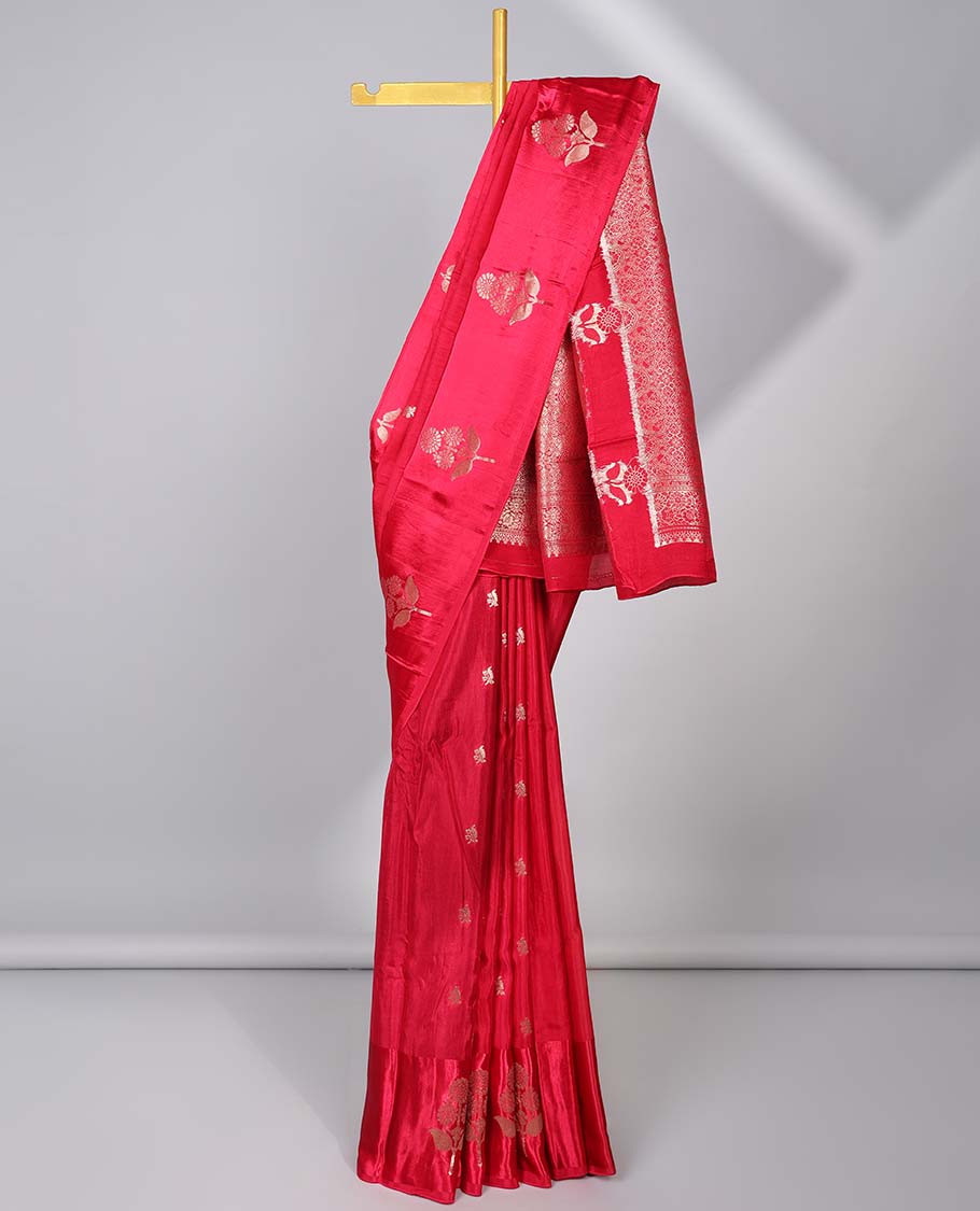 Red Mushru silk saree with buttas, floral design border & pallu of intricate designs