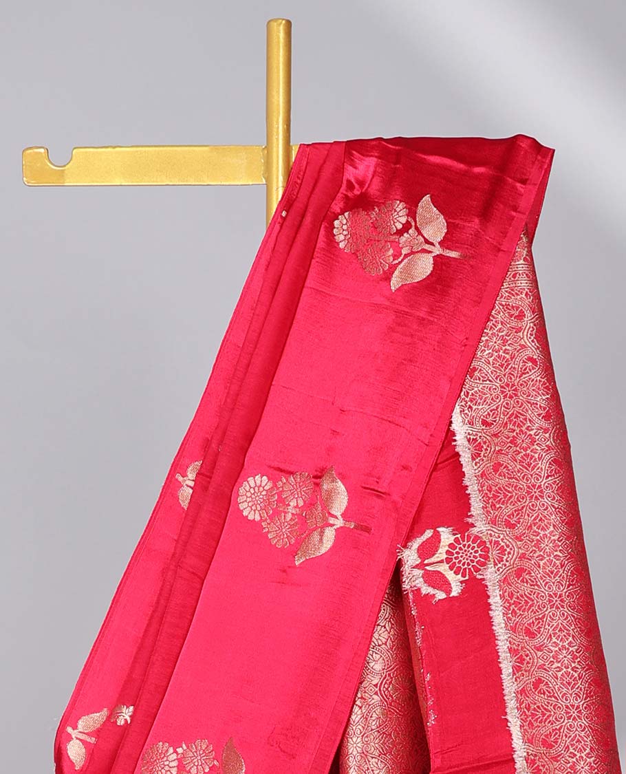 Red Mushru silk saree with buttas, floral design border & pallu of intricate designs