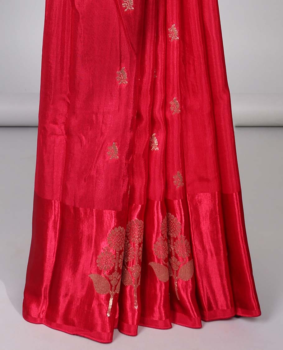 Red Mushru silk saree with buttas, floral design border & pallu of intricate designs