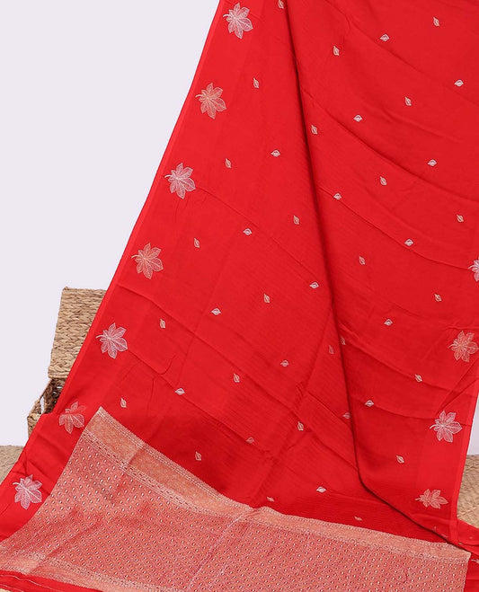 Red chevron design Mushru silk saree with buttas, leaf design border & pallu of jaal designs