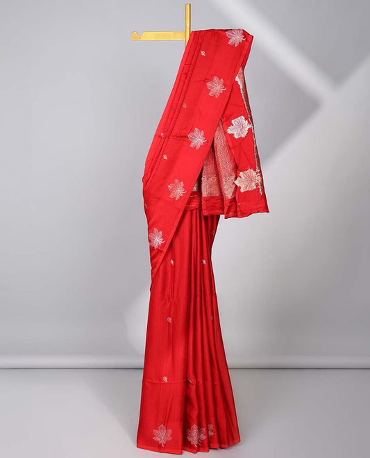 Red chevron design Mushru silk saree with buttas, leaf design border & pallu of jaal designs